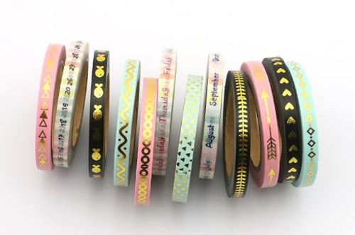 Skinny Washi Tape - Set of 12 - 5mm x 10 metres each - High Quality Masking Tape