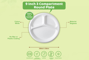 9inch 3 Compartment Sugarcane Plate