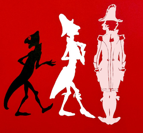 This print showcases the Guardian black printed as is (far left figure), then overprinted with white (middle figure). The  figure on the far right was printed solely with a poly white, two passes. The volatile red fabric migrated into the white ink, turning the figure pink. This print showcases the Guardian black printed as is (far left figure), then overprinted with white (middle figure). The  figure on the far right was printed solely with a poly white, two passes. The volatile red fabric migrated into the white ink, turning the figure pink.