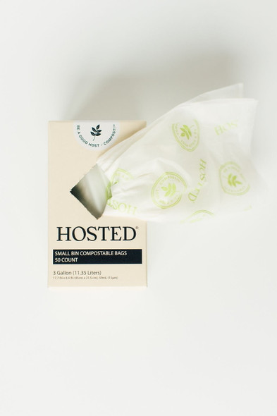 HOSTED Small Bin Compostable Bags – 3 Gallon, 50 Count, Eco-Friendly Packaging with Bag Partially Dispensed