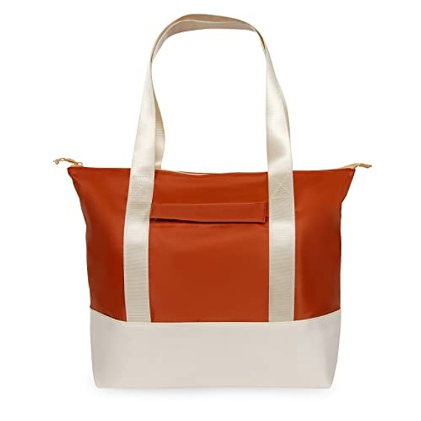 Front-facing GOGO by ShedRain Carryall Tote Bag in rust with beige straps and base, made from recycled materials with zipper closure.