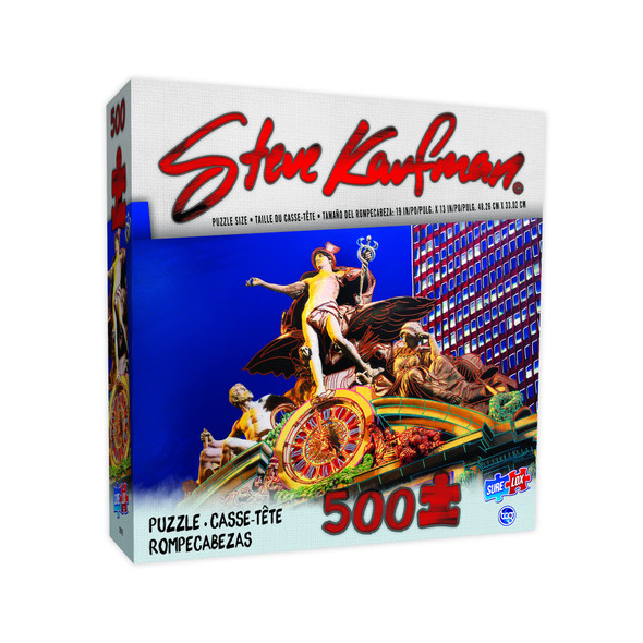 Sure-Lox 500 piece jigsaw puzzle featuring Steve Kaufman’s pop art of Grand Central Station NYC, finished size 19 x 13 inches, colorful box packaging.