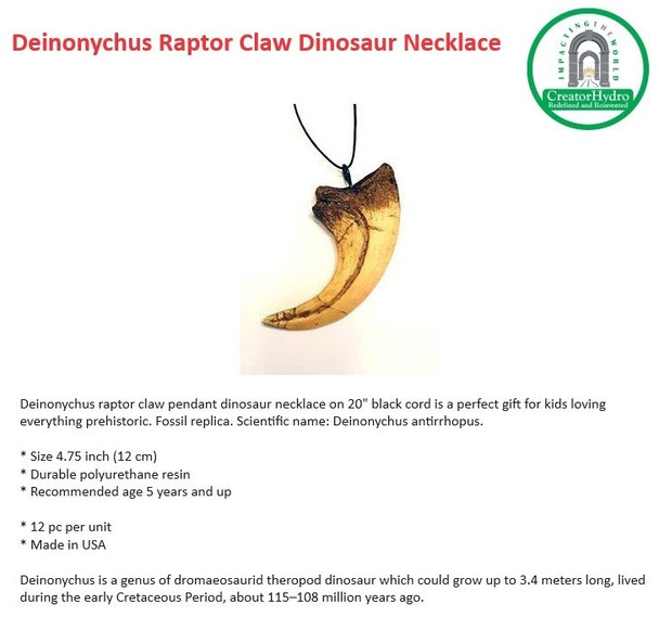 Deinonychus raptor claw pendant dinosaur necklace on 20" black cord.