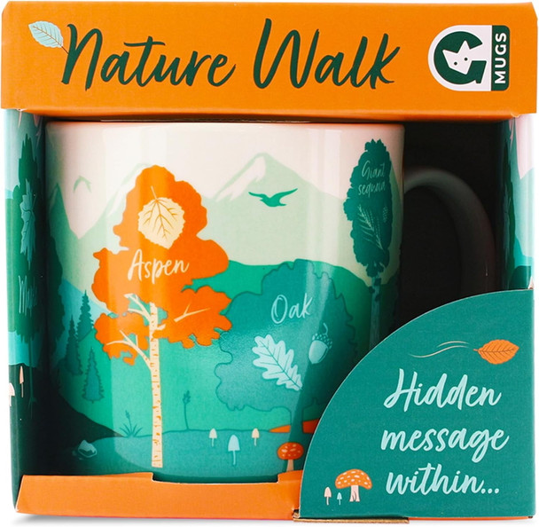 Mugs decorated with designs of Aspen and Oak trees. There is also an intriguing hidden message within the artwork. The overall design incorporates vibrant teal colors and graphic elements that are cartoonish in style.