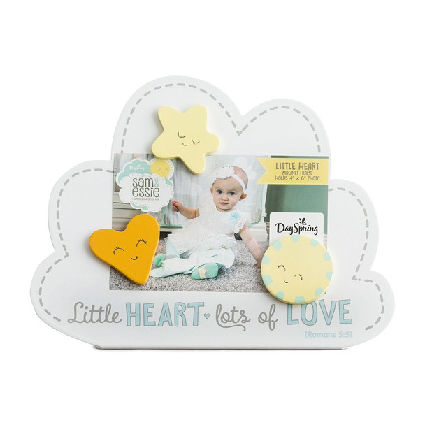 The DaySpring Sam & Essie "Little Heart" Baby Magnet Frame features a charming die-cut metal frame with a soft, pastel design.