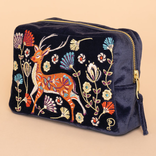 Folk Art Deer Velvet Make Up Bag Slate