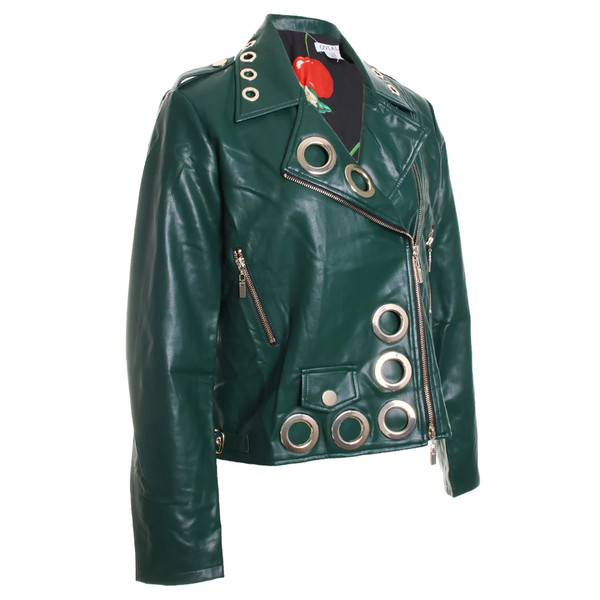 M7111- Gold Grommet Vegan Leather Moto Jacket Green - Oo La La