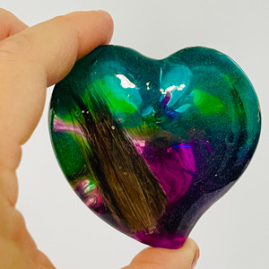 large heart, deep technique using green, cerulean blue, and purple with a lock of hair added large heart, deep technique using green, cerulean blue, and purple with a lock of hair added