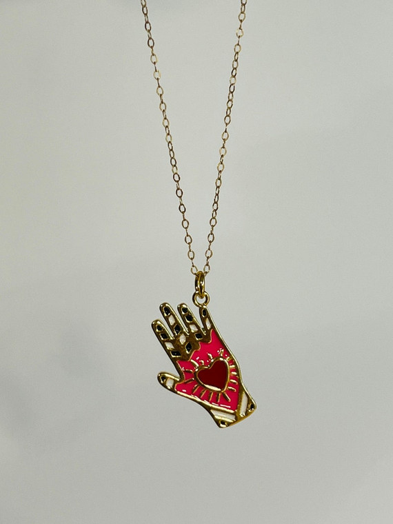 the kissing hand enameled necklace