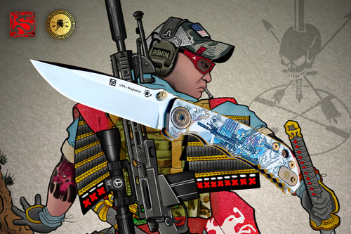 Spartan-Harsey Folder Long Gunner CPM MagnaCut Edition folding knife with 4-inch CPM MagnaCut blade, Rockwell hardness 60–63 RHC. Titanium handle engraved with sniper-themed artwork by Tu Lam, crosshairs on a dragon, Japanese block print style. Ergonomic finger grooves and jimping, solid titanium frame lock, dual thumb studs, reversible tip-up pocket clip. Premium EDC knife, tactical folder, collector-grade folding knife, high-performance Harsey knife. Spartan-Harsey Folder Long Gunner CPM MagnaCut Edition folding knife with 4-inch CPM MagnaCut blade, Rockwell hardness 60–63 RHC. Titanium handle engraved with sniper-themed artwork by Tu Lam, crosshairs on a dragon, Japanese block print style. Ergonomic finger grooves and jimping, solid titanium frame lock, dual thumb studs, reversible tip-up pocket clip. Premium EDC knife, tactical folder, collector-grade folding knife, high-performance Harsey knife.