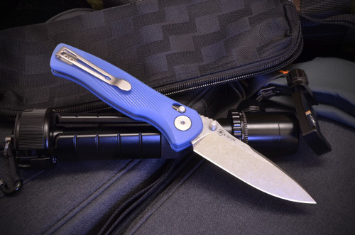 ELEOS Cross Bar Lock - Stone Washed Blade w/ Blue Handle