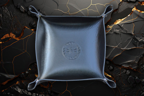 Spartan Blades black full-grain leather EDC tray with embossed Spartan helmet logo for organizing knives, keys, wallets and everyday carry gear.