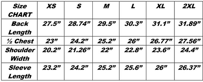 WOOBIE HOODIE sizing chart