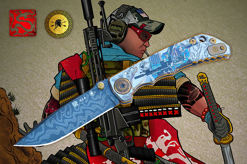 Spartan-Harsey Folder Long Gunner Damascus Edition folding knife with 4-inch Damascus steel blade, flowing layered patterns. Titanium handle engraved with sniper-themed artwork by Tu Lam, crosshairs on a dragon, Japanese block print style. Ergonomic finger grooves and jimping, solid titanium frame lock, dual thumb studs, reversible tip-up pocket clip. Premium collector folding knife, tactical EDC knife, high-performance Harsey Damascus knife.