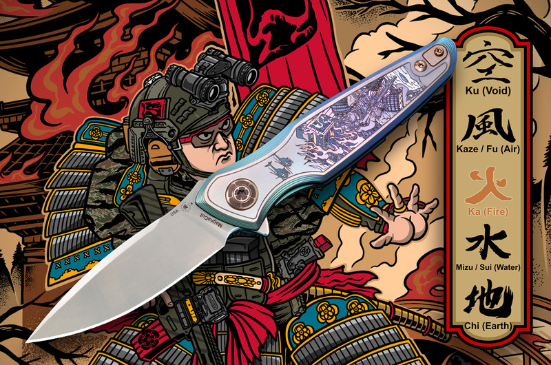 Presentation-side view of the Spartan–Ronin Five Rings Project – FIRE (Pandia) folding knife featuring a 6AL4V titanium frame with Tu Lam modern-samurai artwork, spear-point CPM MagnaCut blade, flipper tab, and integrated monolithic titanium pocket clip profile.