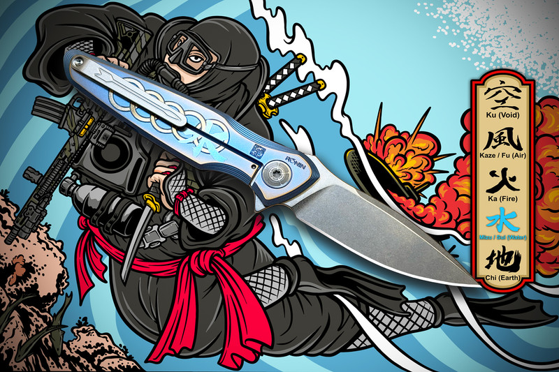 Spartan Ronin Five Rings WATER knife open on the lock side, showcasing the titanium frame lock, Pandia handle, and stylized Tu Lam samurai scuba artwork