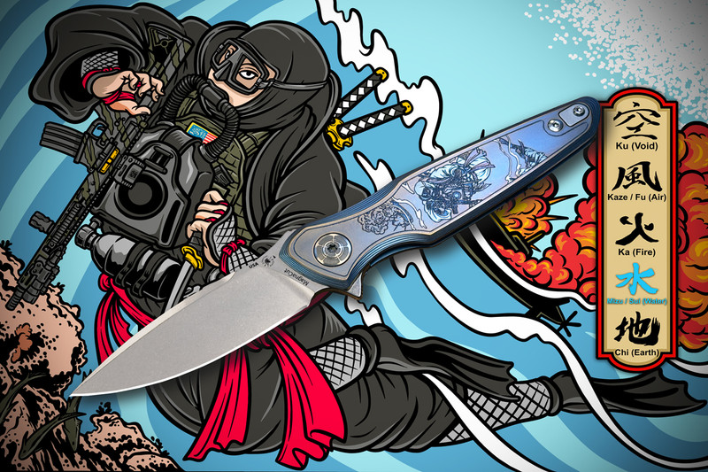 Spartan Ronin Five Rings WATER knife fully open featuring a MagnaCut spear point blade and titanium frame lock on the Pandia platform with Tu Lam samurai artwork