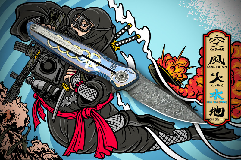 Spartan Ronin Five Rings WATER knife fully open on the lock side, highlighting Damascus steel blade, titanium frame lock, Five Rings image, and Kanji for Water