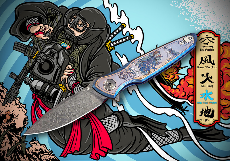 Spartan Ronin Five Rings WATER knife fully open on the lock side, presentation angle showing Damascus blade, titanium frame lock, and Tu Lam samurai scuba artwork