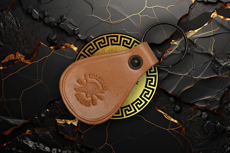 Spartan Blades tan leather keychain with embossed Spartan helmet logo and stainless steel key ring, made in North Carolina.