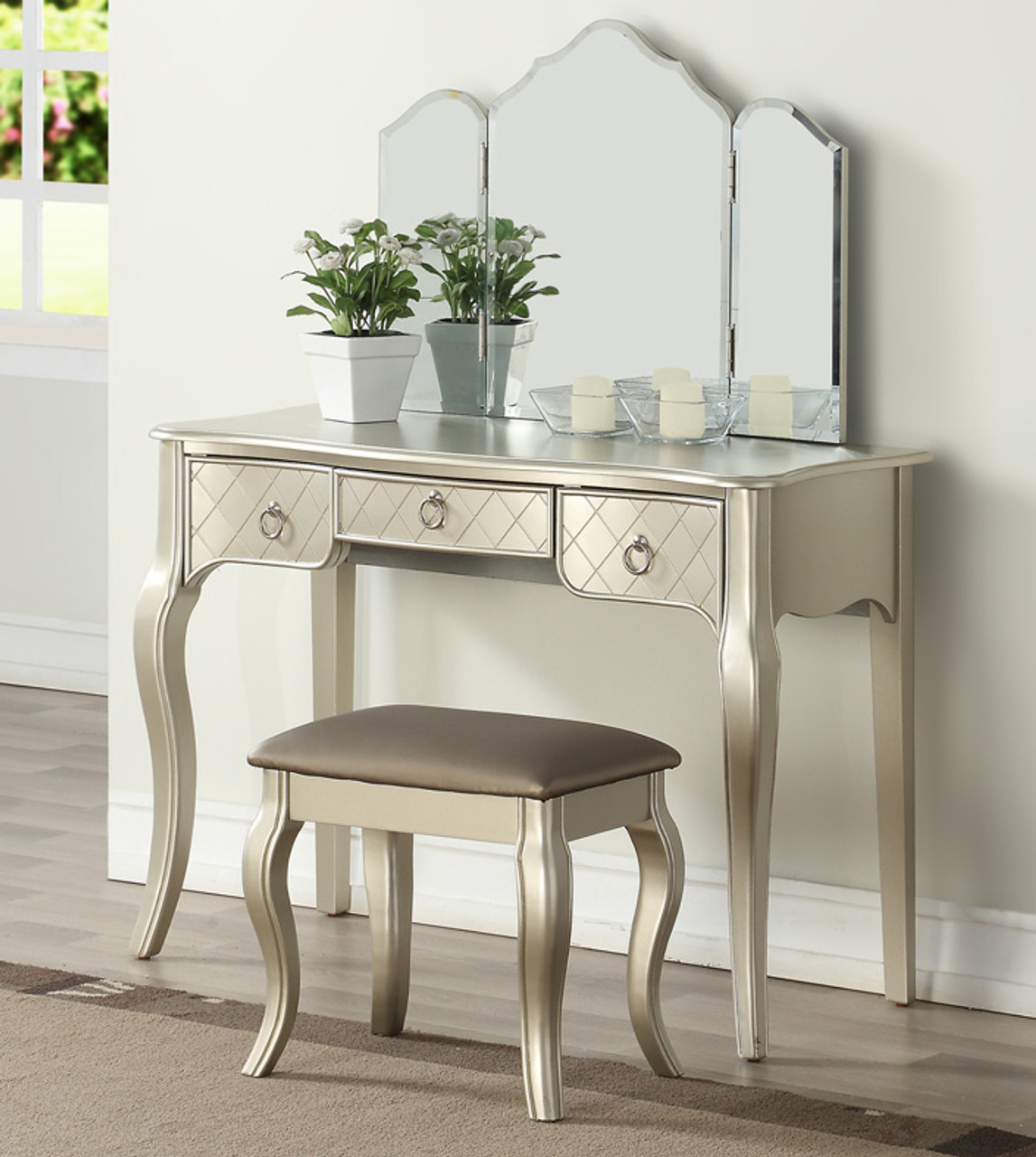 mirrored makeup vanity table with drawers