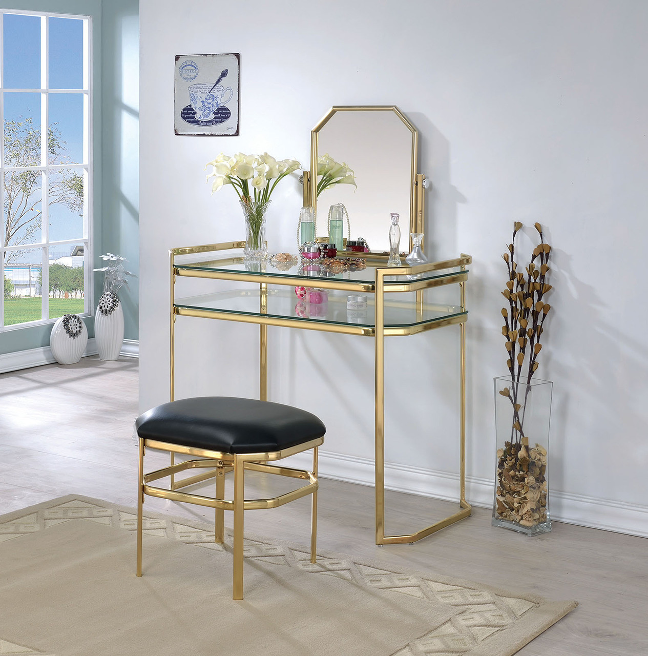 Arabella Gold Metal Makeup Vanity Table Set With Mirror
