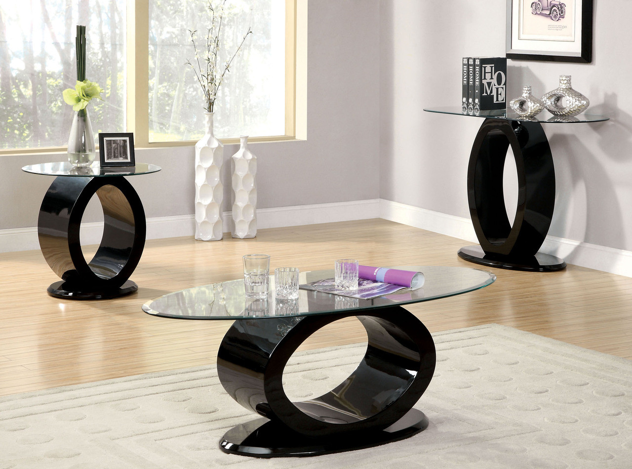 Newark Glass Oval Cocktail Table in Black and White