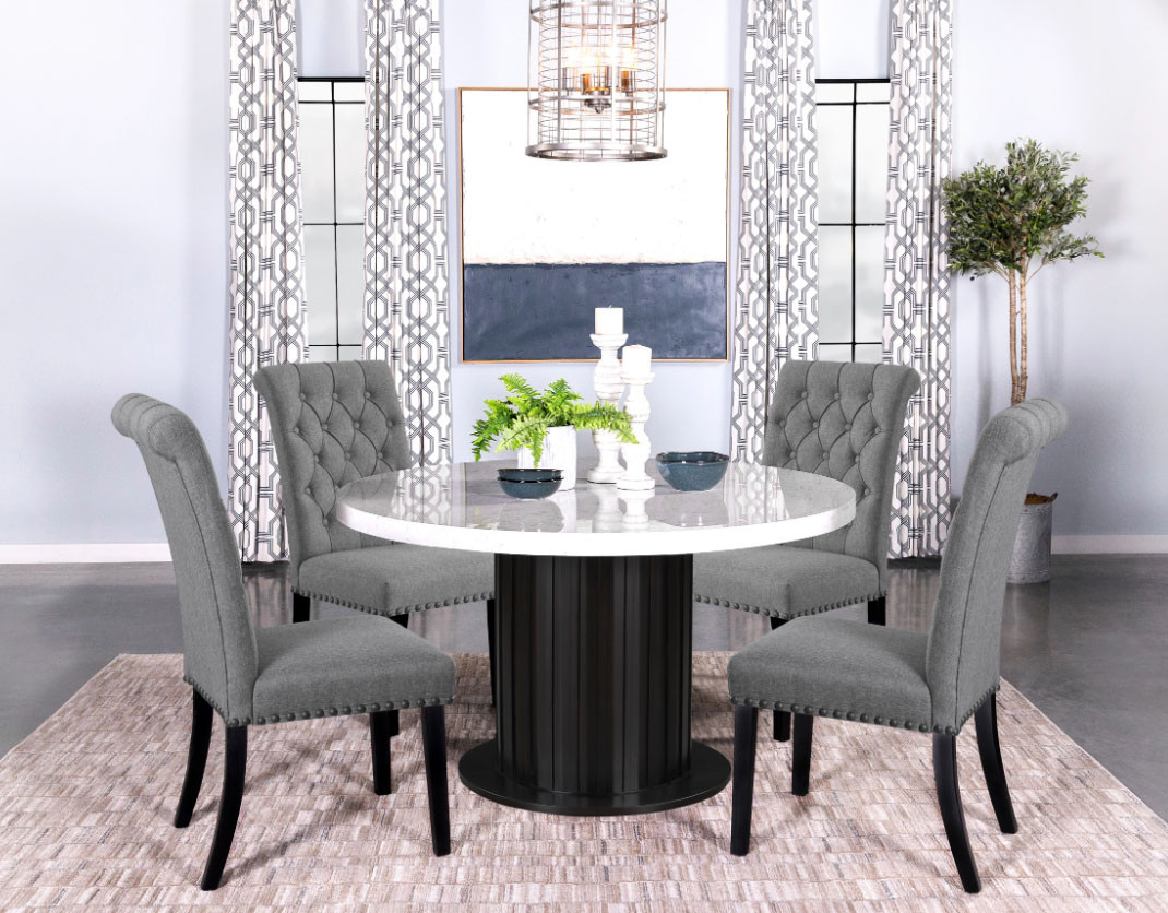 54" Round Marble Dining Set with Beige, Gray and Brown Chairs