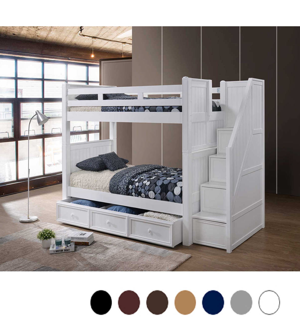 white bunk beds with shelves