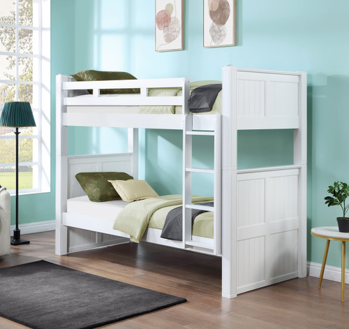 Dillon white twin over twin bunk bed with square posts and ladder