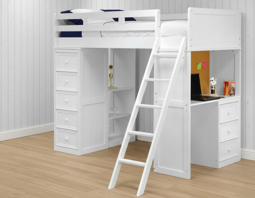 Twin loft bed with desk and storage drawers in white solid wood