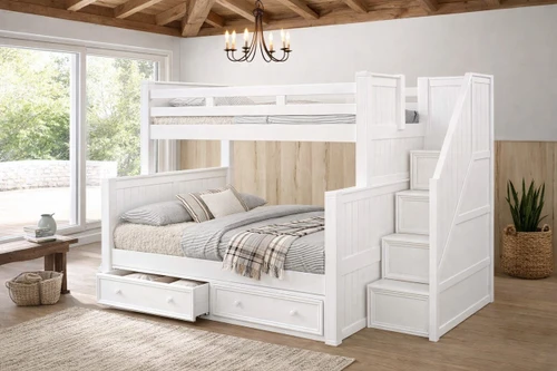 Dillon white twin over full bunk bed with stairs and drawers 