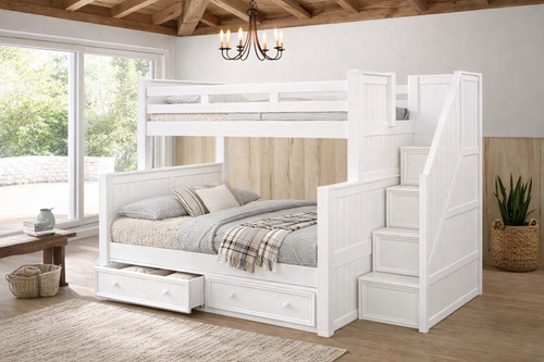 twin over full bunk bed with stairs and drawers - White