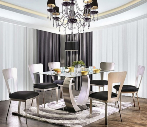 60 inch glass dining table set for 6 with modern satin pedestal base