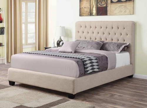 Chloe oatmeal linen tufted upholstered bed with button tufted headboard