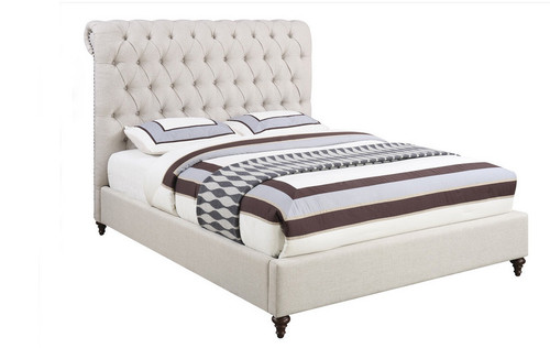 Devon beige fabric upholstered low profile bed with padded headboard