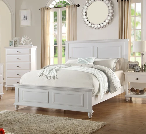 San Leon coastal white wood panel bed with tall headboard