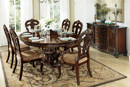 Round dining table set for 6 in wood finish – Windsor 7-piece expandable dining set