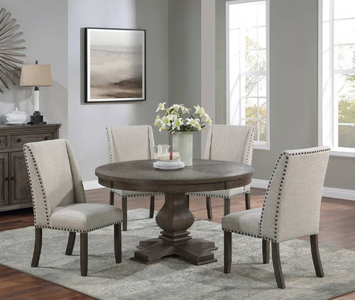 54 inch round dining table set in weathered gray oak with 4 upholstered chairs