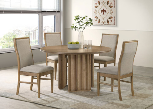 5-piece round dining set with reeded pedestal base light brown finish