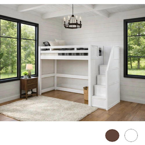 Twin loft bed with storage stairs in solid wood in white