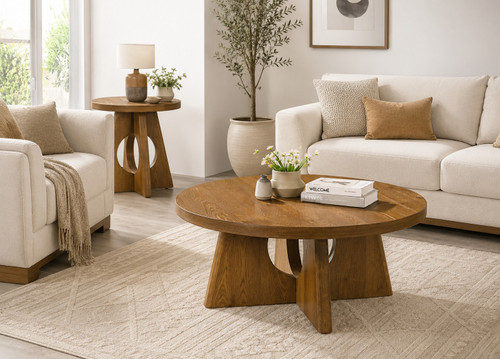 Arbor round walnut coffee table with sculptural pedestal base