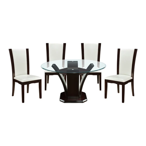 54 inch round glass dining set with pedestal base and upholstered chairs