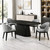 Contemporary black oval pedestal dining table set with grey upholstered chairs on marble floor modern dining room