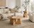 Arbor round oak coffee table with matching end table in organic modern living room