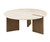 Round travertine coffee table with sculptural oak base