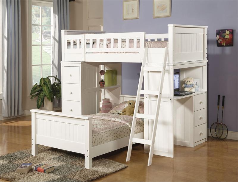 white loft bed with desk and storage