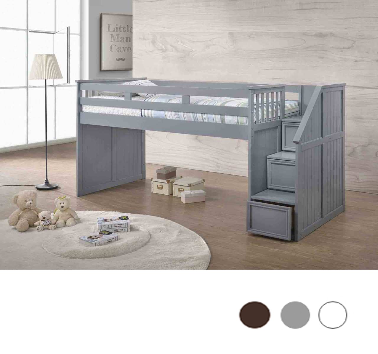 Twin Loft Bed with Storage Steps White and Gray