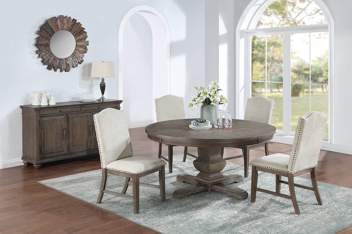 60 inch Weathered Gray Oak Round Dining Table for Persons