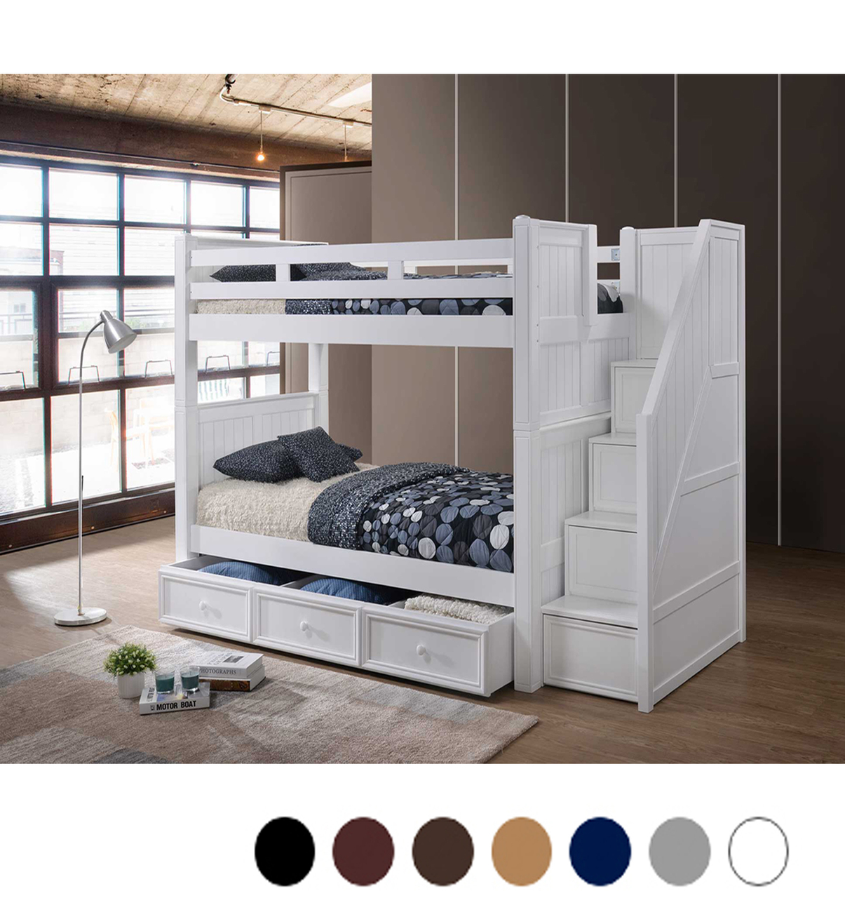 twin bunk beds with stairs and storage